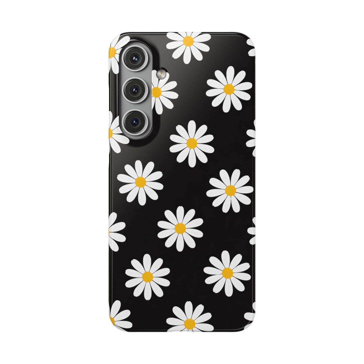 Black daisy phone case with white flowers and yellow centers; camera lenses on left.