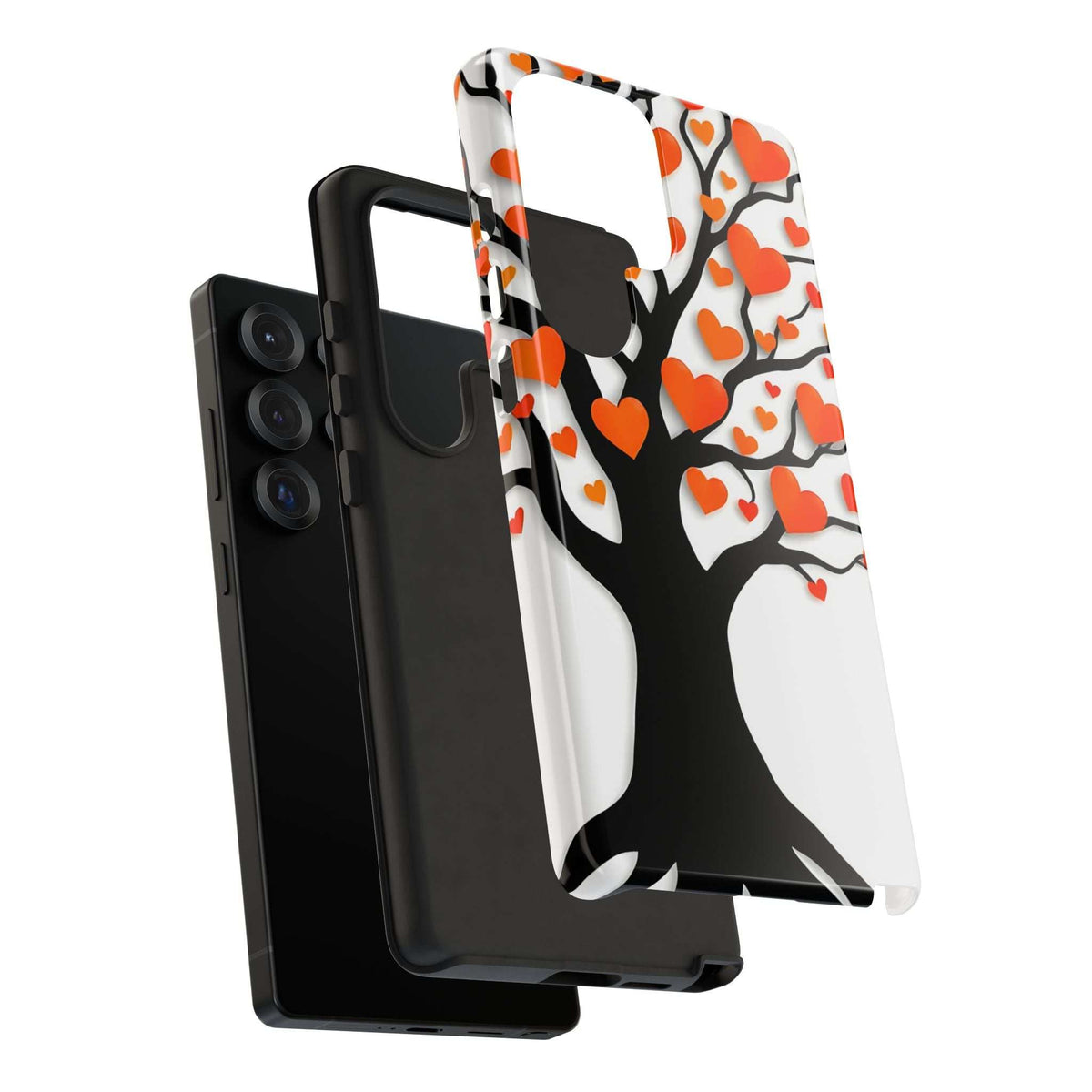 Phone case heart tree design—orange hearts over black branches on white; camera opening