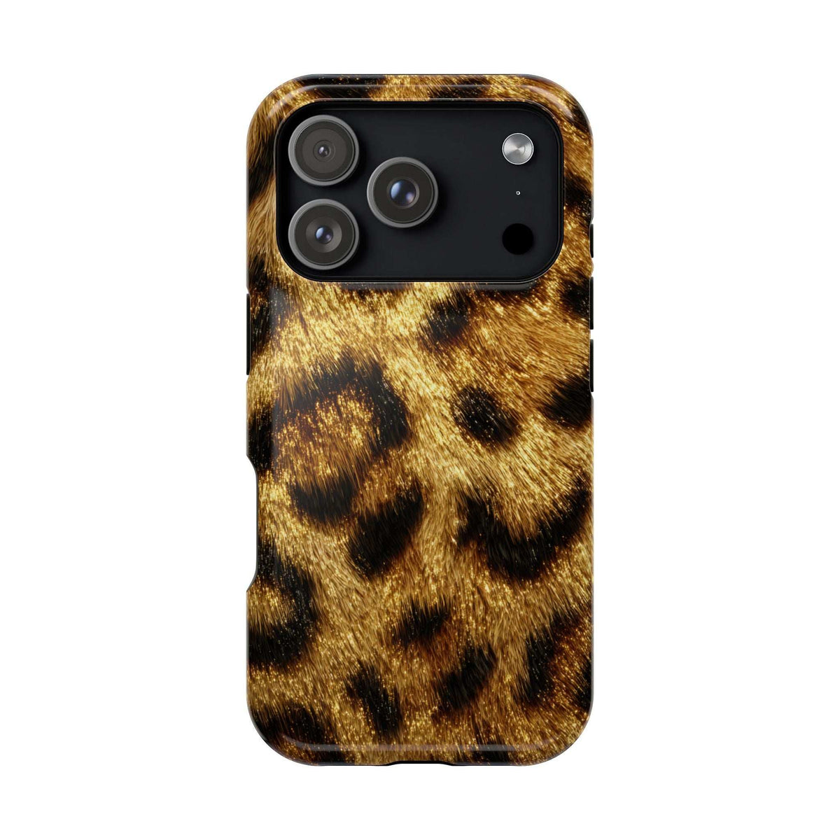 Glossy leopard print phone case with gold and black mottled design, multi-lens camera cutout.