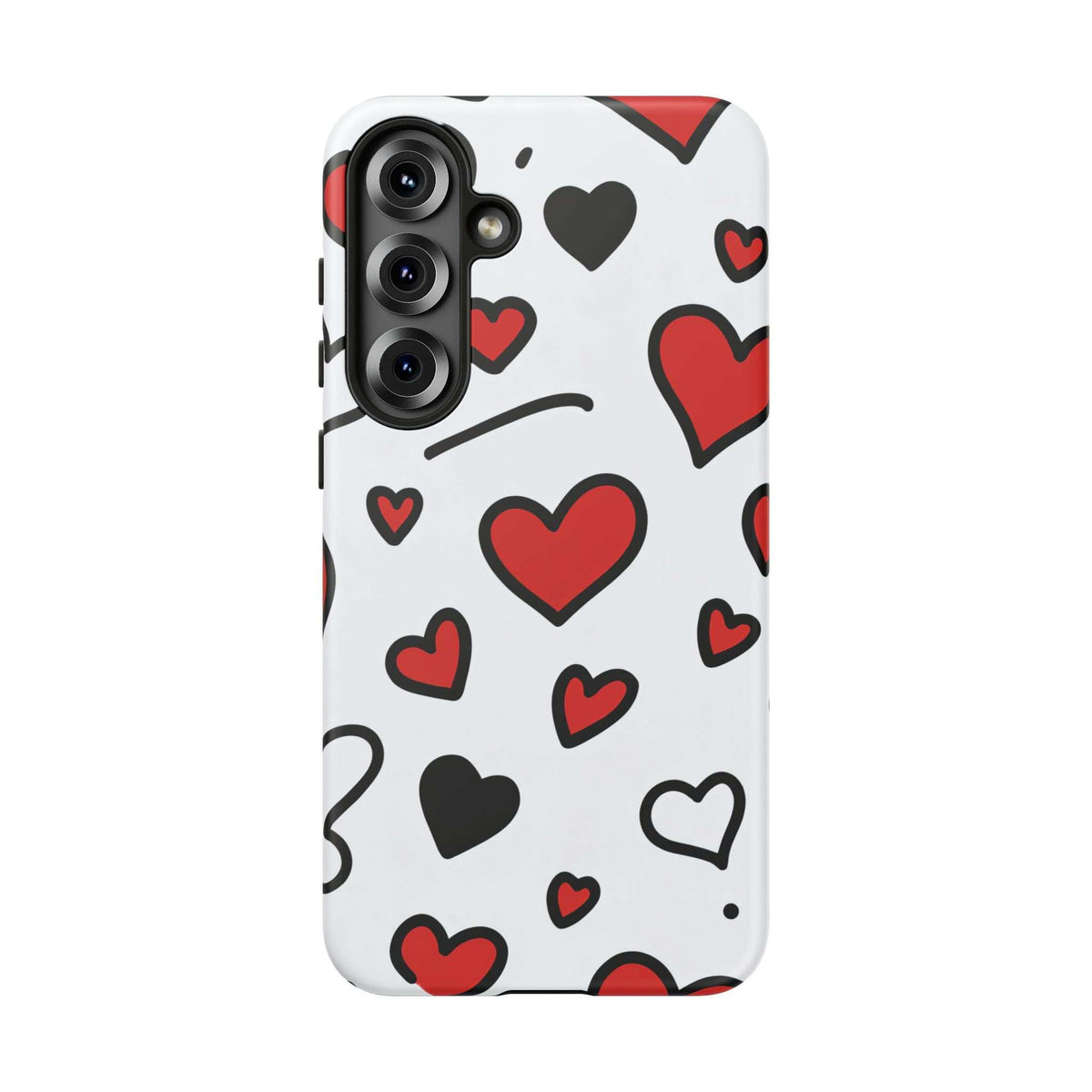 White phone case with scattered hearts; left-side buttons and top camera opening
