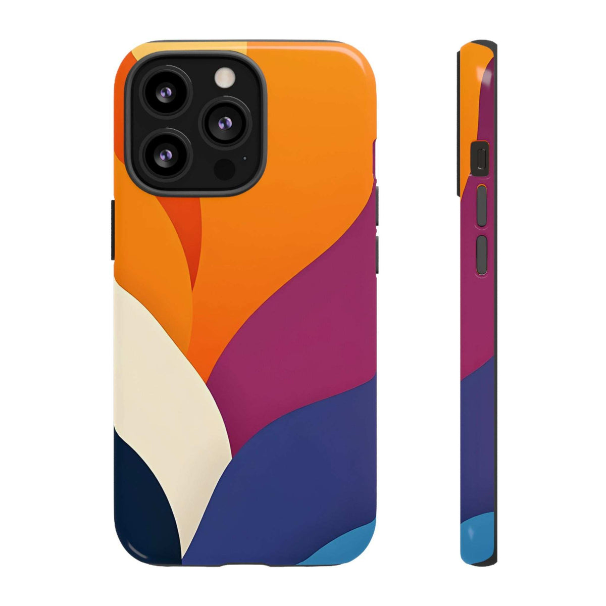 Abstract phone case front and side profile; orange-magenta-navy wave pattern and cutouts.