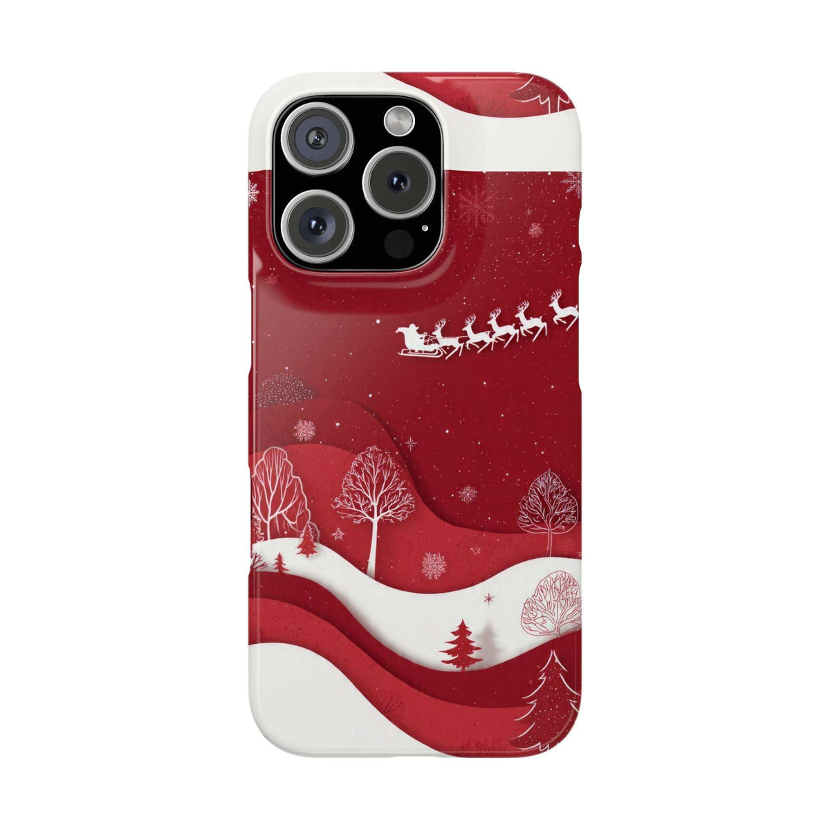 Red winter phone case showing sleigh, trees, and snow accents with white wave edge