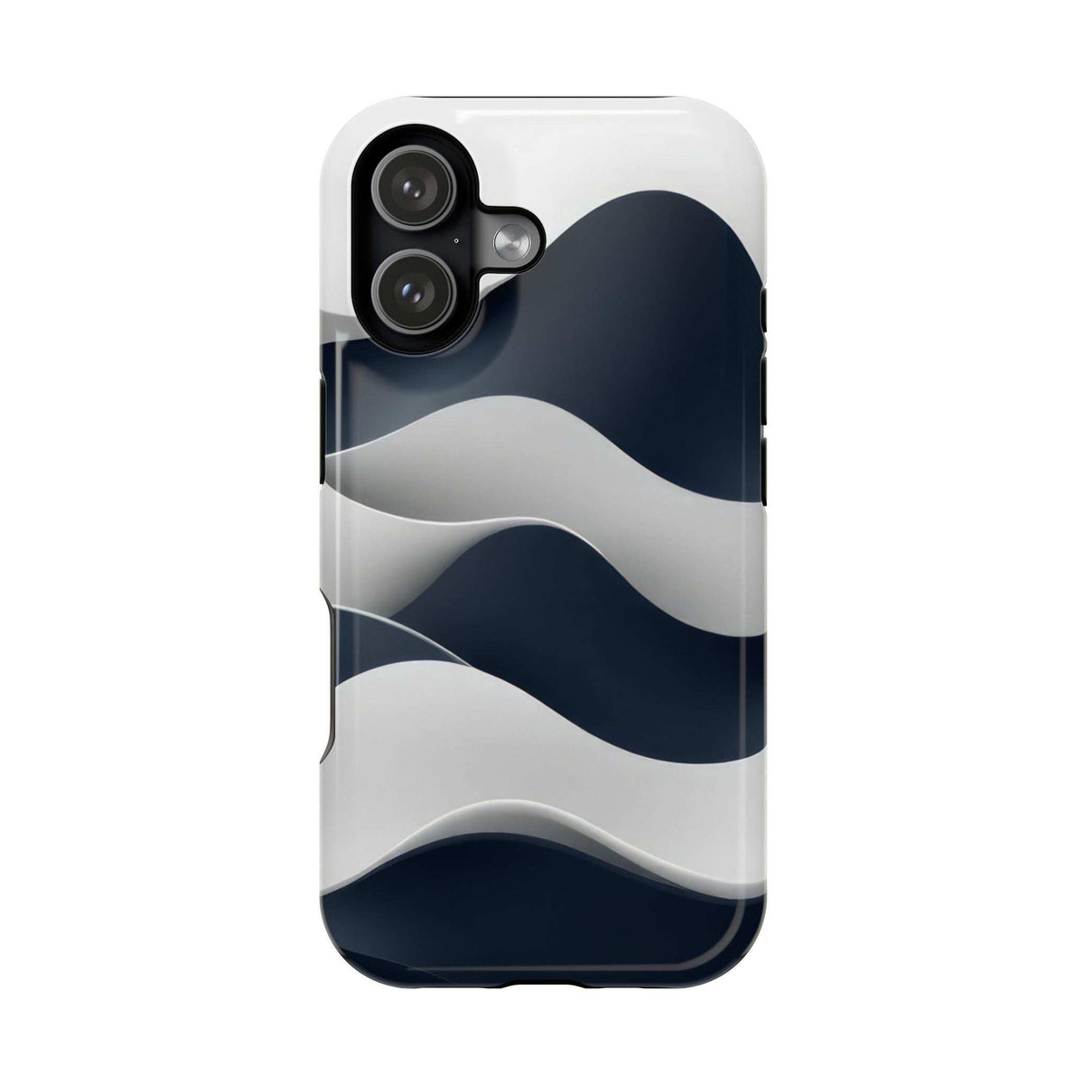 Glossy phone case with blue-and-white wave pattern and camera cutouts on back