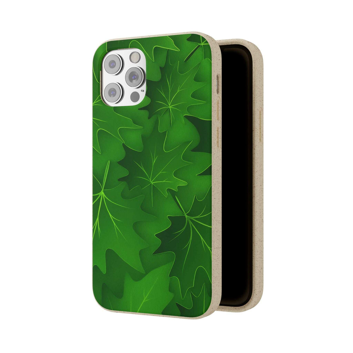 Green leaf phone case with camera cutouts and protective raised edges