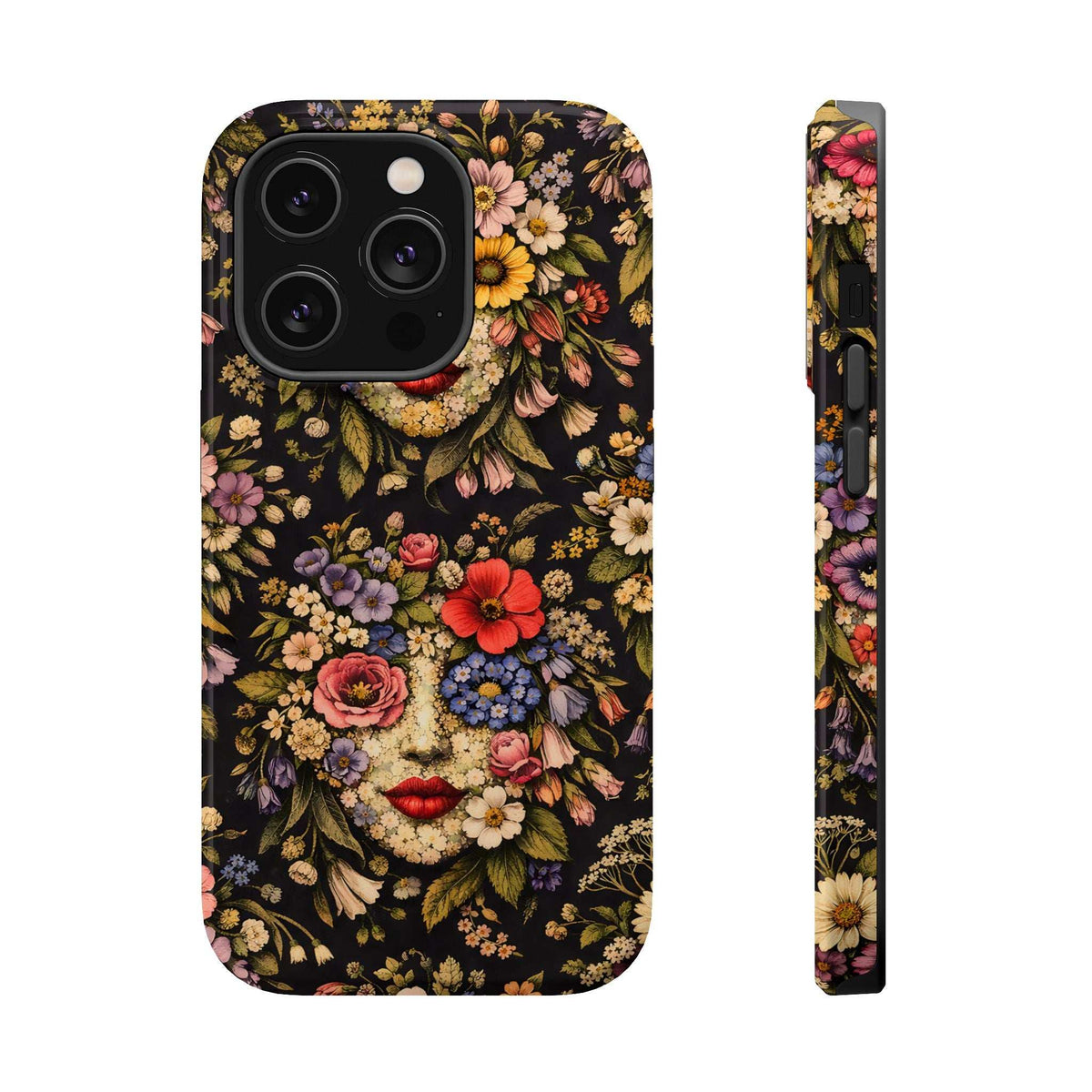 Floral face phone case, dark background, front view with camera module