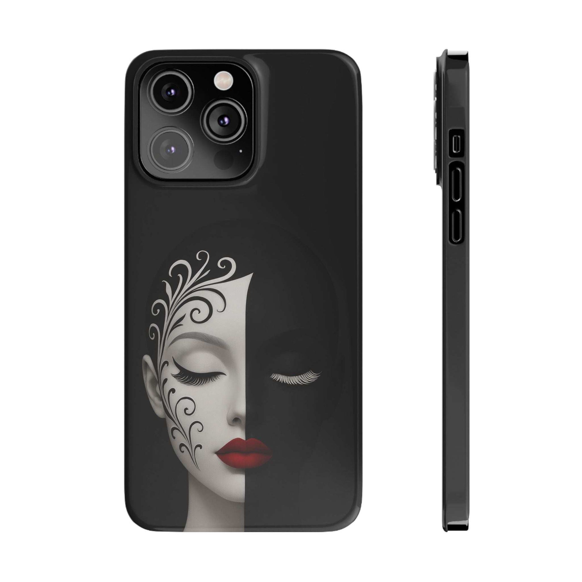 Black phone case with woman face design, split light-dark look, and camera cutouts