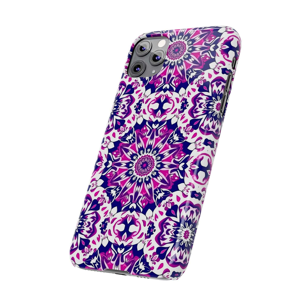 Purple and white floral mandala phone case with raised camera cutouts for iPhone