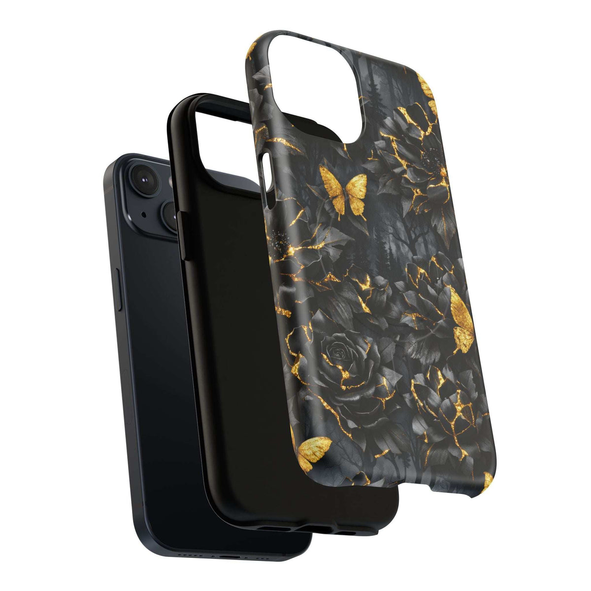 Black phone case featuring gold roses, butterflies, and thin golden crackle lines; grippy edges.