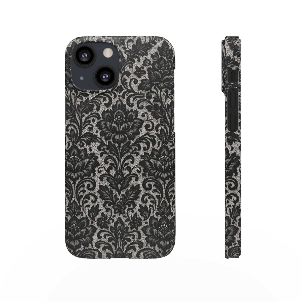 Black damask floral phone case with camera cutout and continuous ornate damask pattern