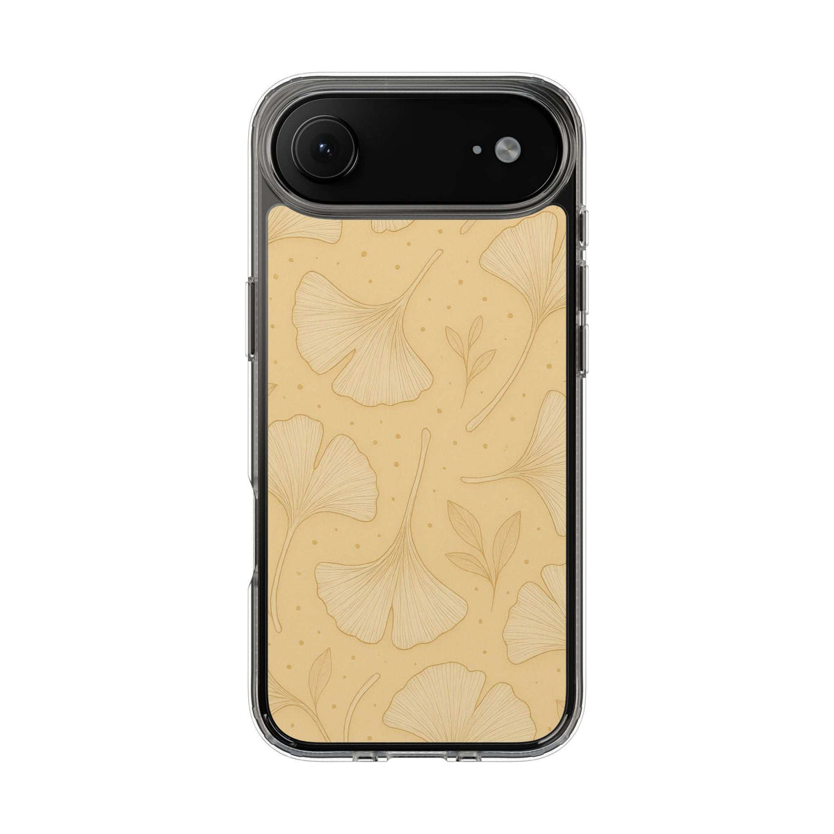 Beige ginkgo floral phone case with clear top edge and camera lens opening