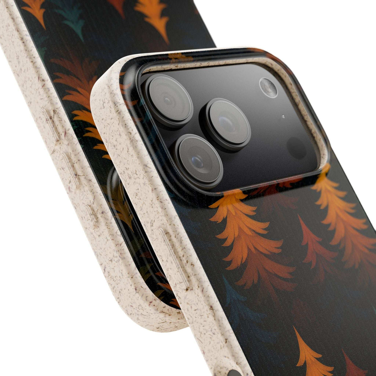 Biodegradable phone case pair, one with forest tree print and one solid beige back