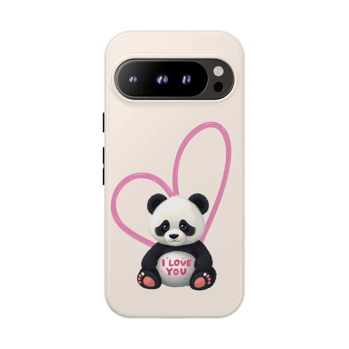 Cream phone case with panda graphic inside a pink heart outline