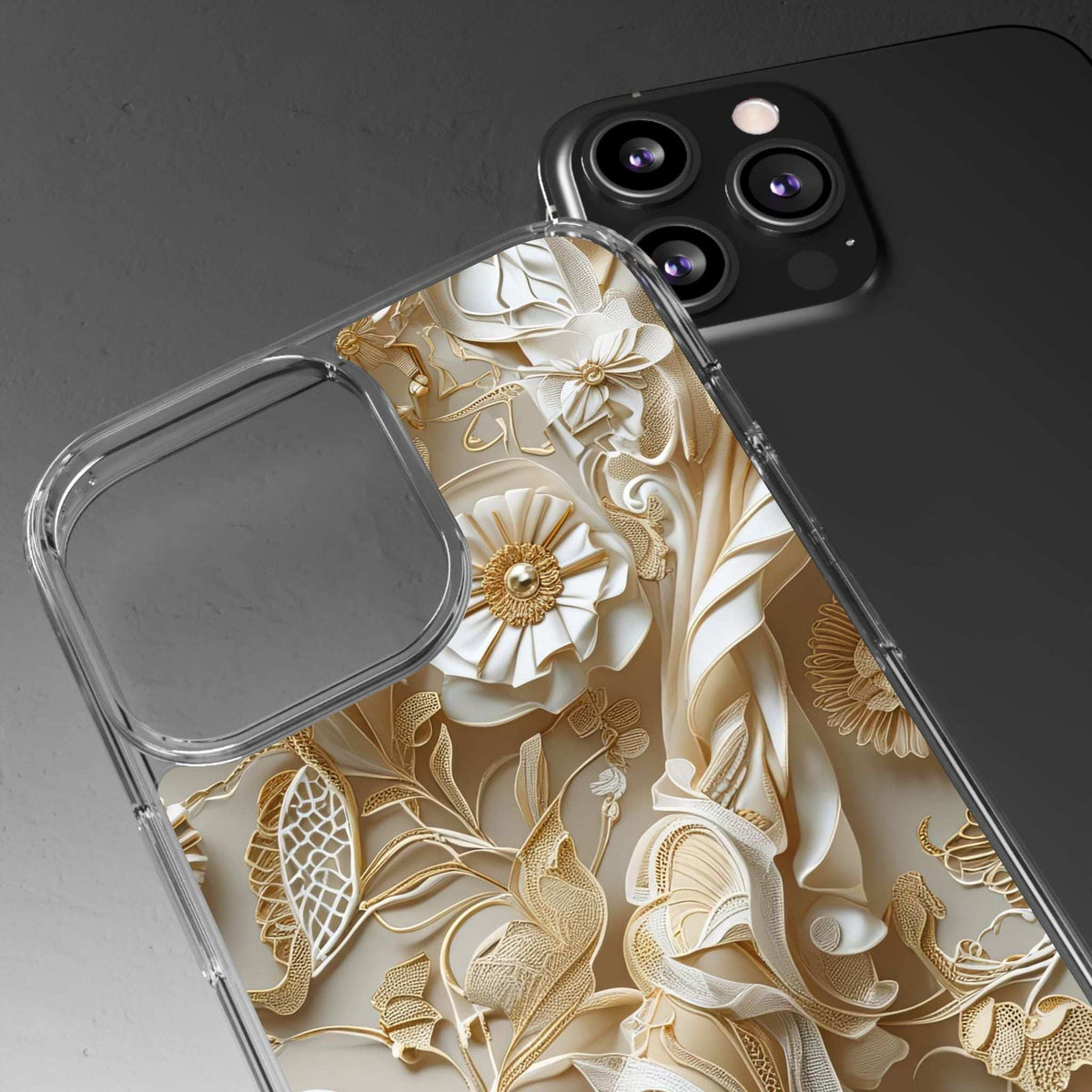Clear phone case with beige floral pattern and raised square front cover