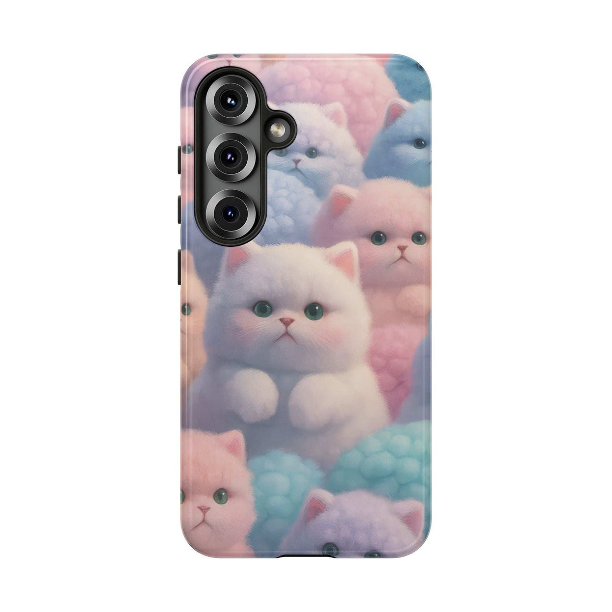 Glossy phone case front view with pastel kittens, blue fish backdrop pattern