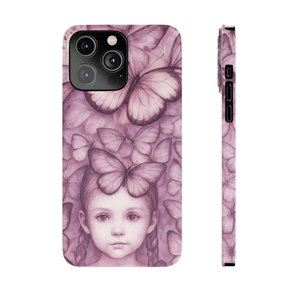Purple butterfly-and-girl phone case front and side view; camera cutout and speaker opening.