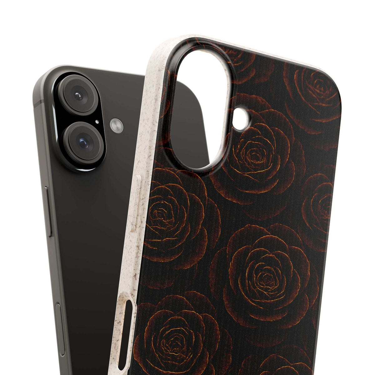 Rose-pattern phone case with dark wood-look texture and side button cutout