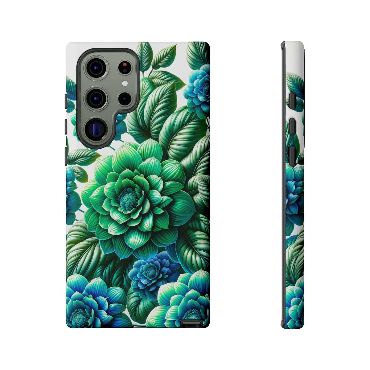 Green and blue floral phone case with camera openings, front view and side profile.