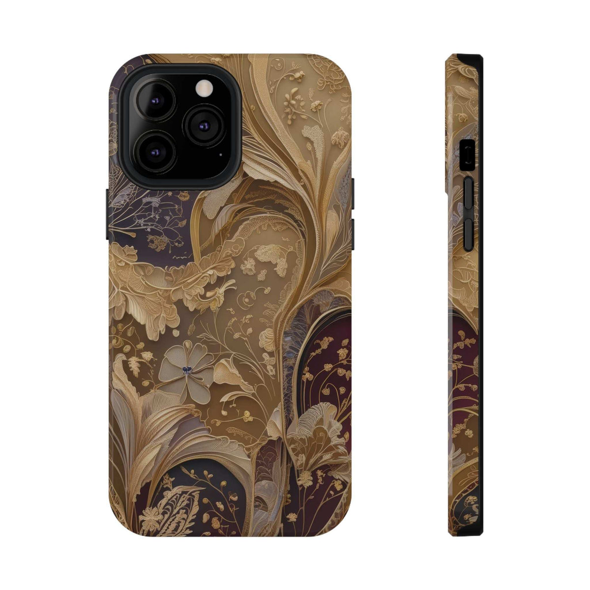 Botanical phone case with beige and dark floral pattern; raised camera module opening.