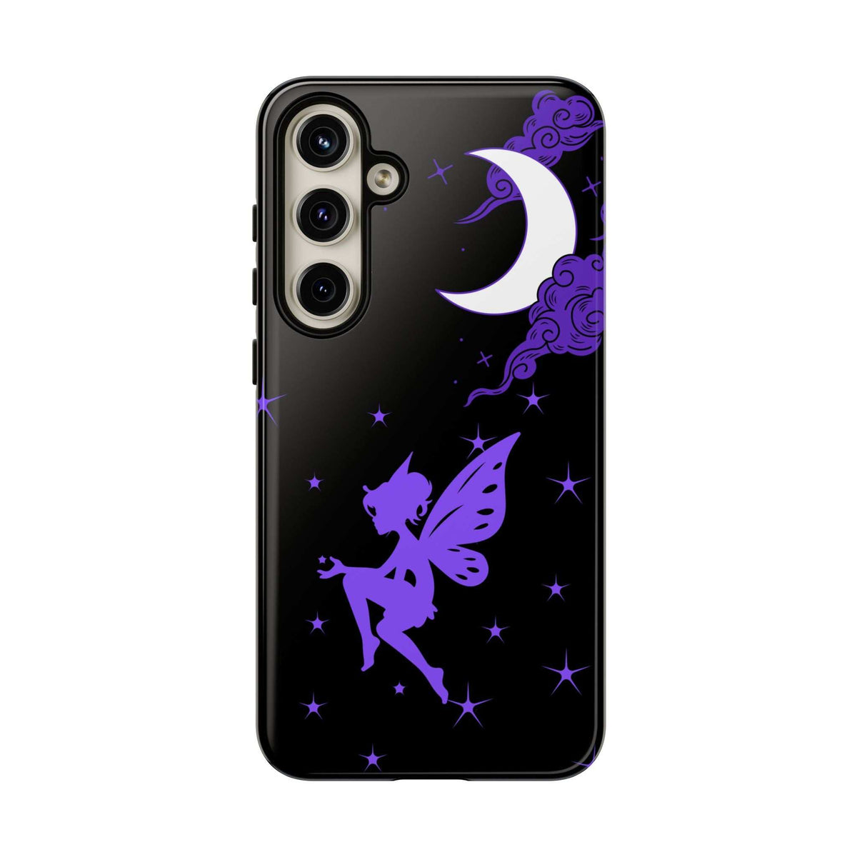 Black phone case with purple fairy, crescent moon, and star speckles; camera openings visible