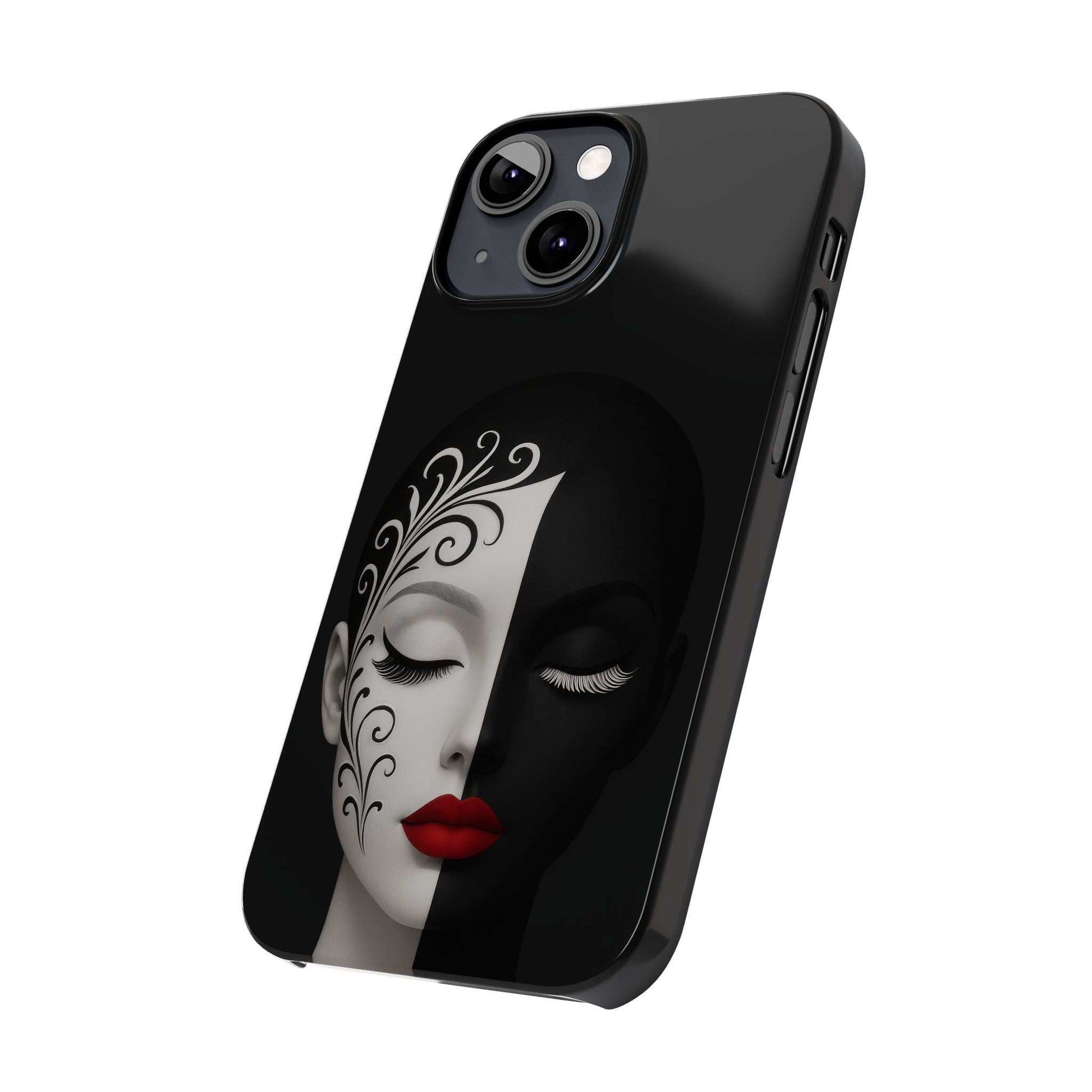 Angled view of black phone case with half-face portrait, red lips, and camera cutout