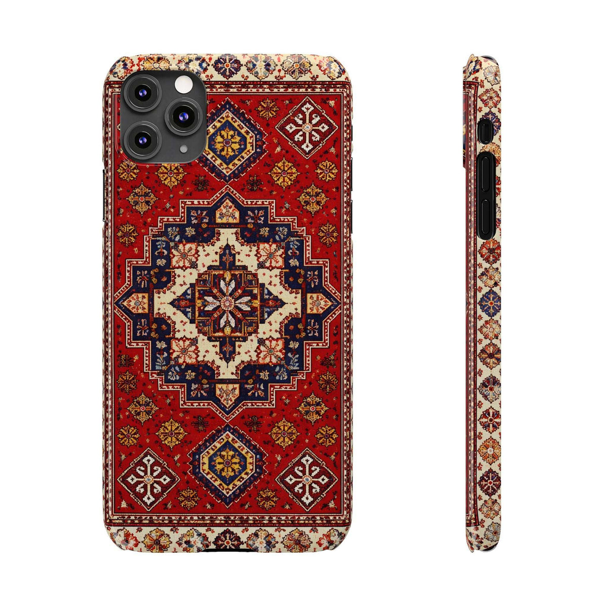 Red and navy ornamental patterned phone case with front camera module cutouts.