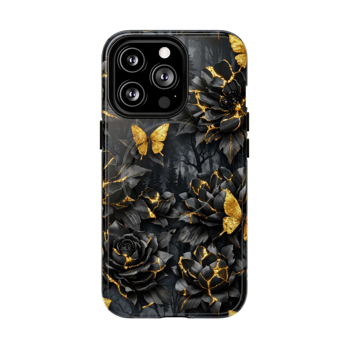Black iPhone case with gold butterfly and floral roses, kintsugi garden design