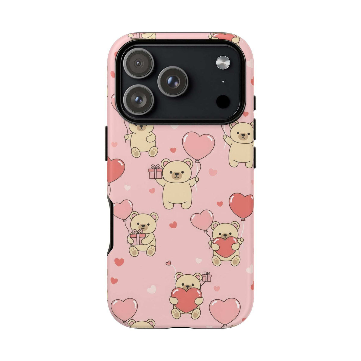 Pink phone case with teddy bears and hearts pattern, triple-lens camera cutout