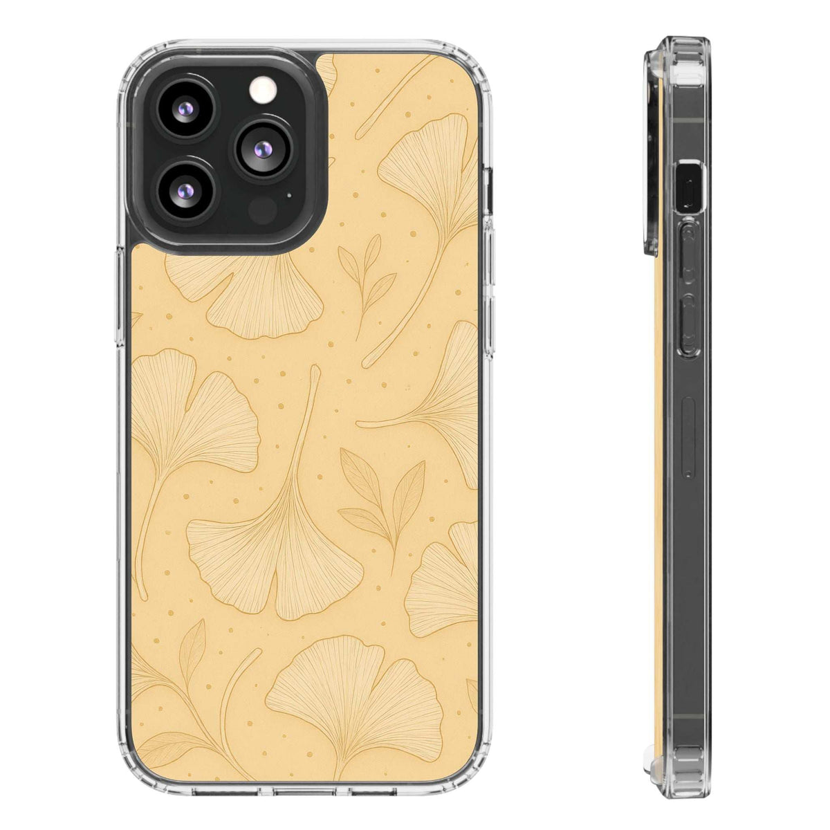 Phone case with tan ginkgo floral design and clear edges; side view with cutouts.