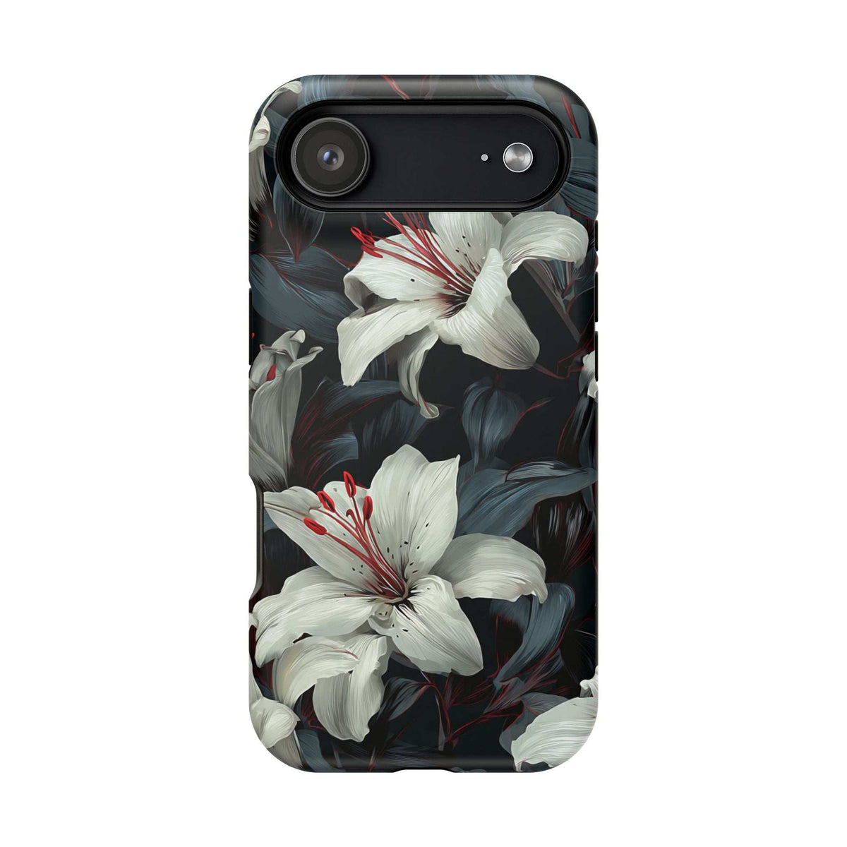 iPhone 13-17 floral phone case showing white lily blooms over dark foliage with raised camera area