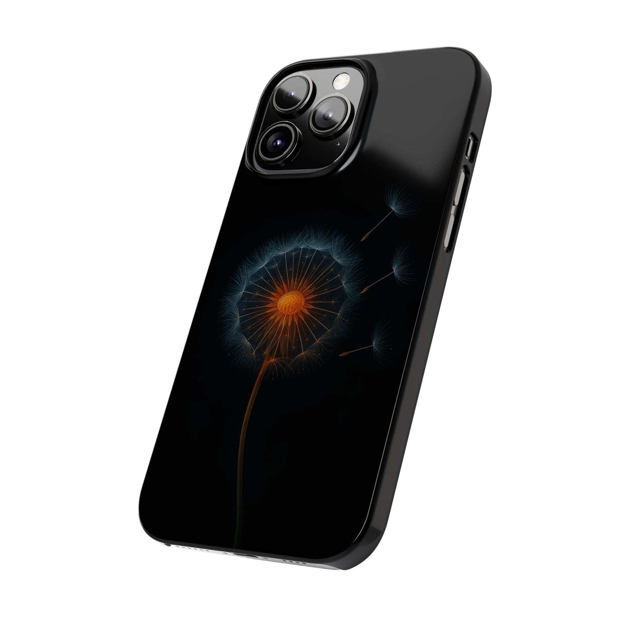 Black phone case angled view with glowing orange dandelion and blue light accents