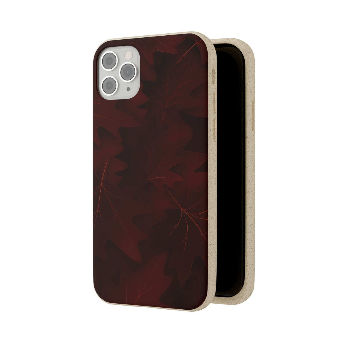 Burgundy phone case with dark leaf pattern and beige protective sides