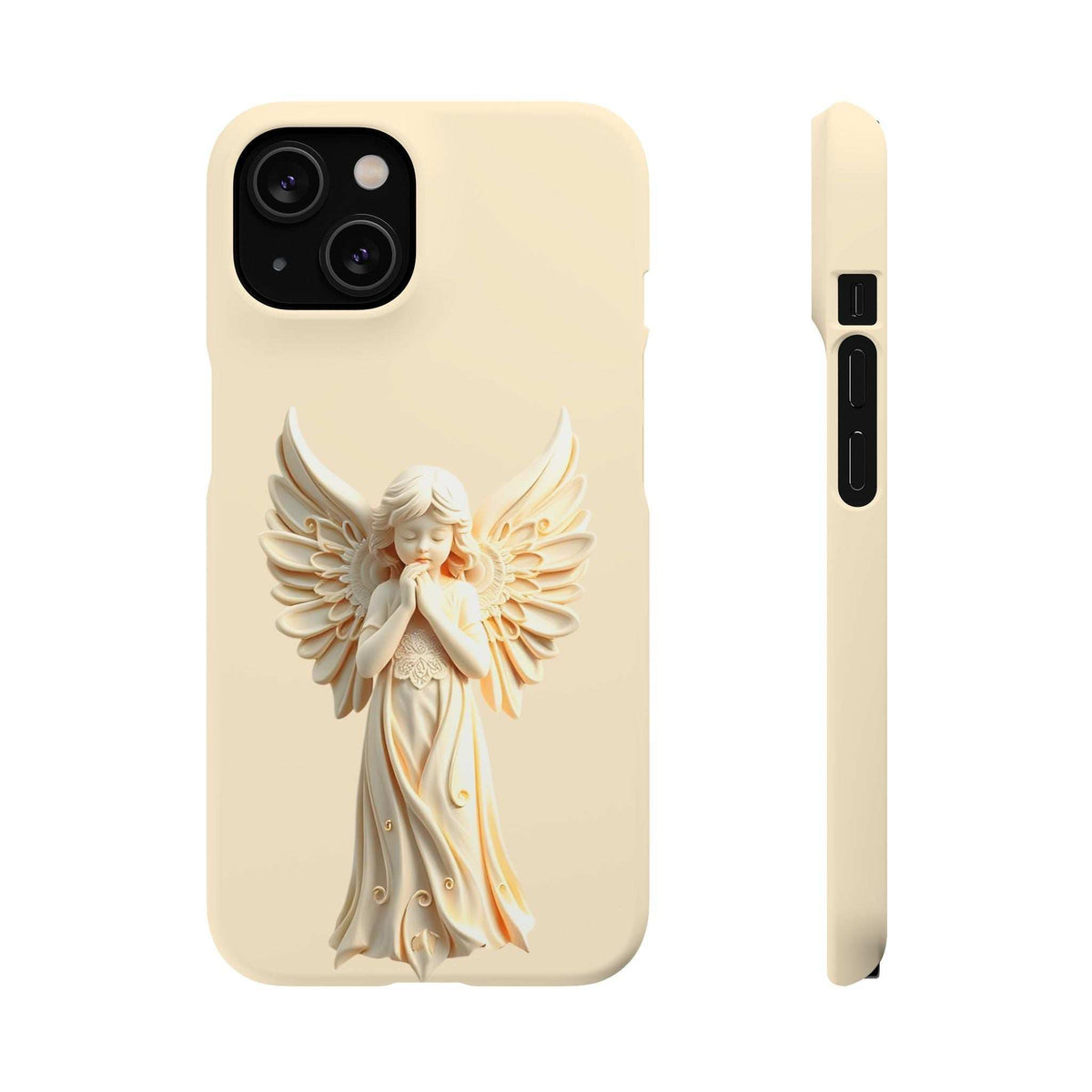 Cream phone case with angel wings figure and side profile view