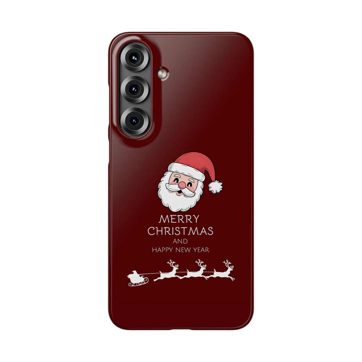 Glossy crimson phone case with Santa hat and sleigh holiday graphic, rear camera cluster