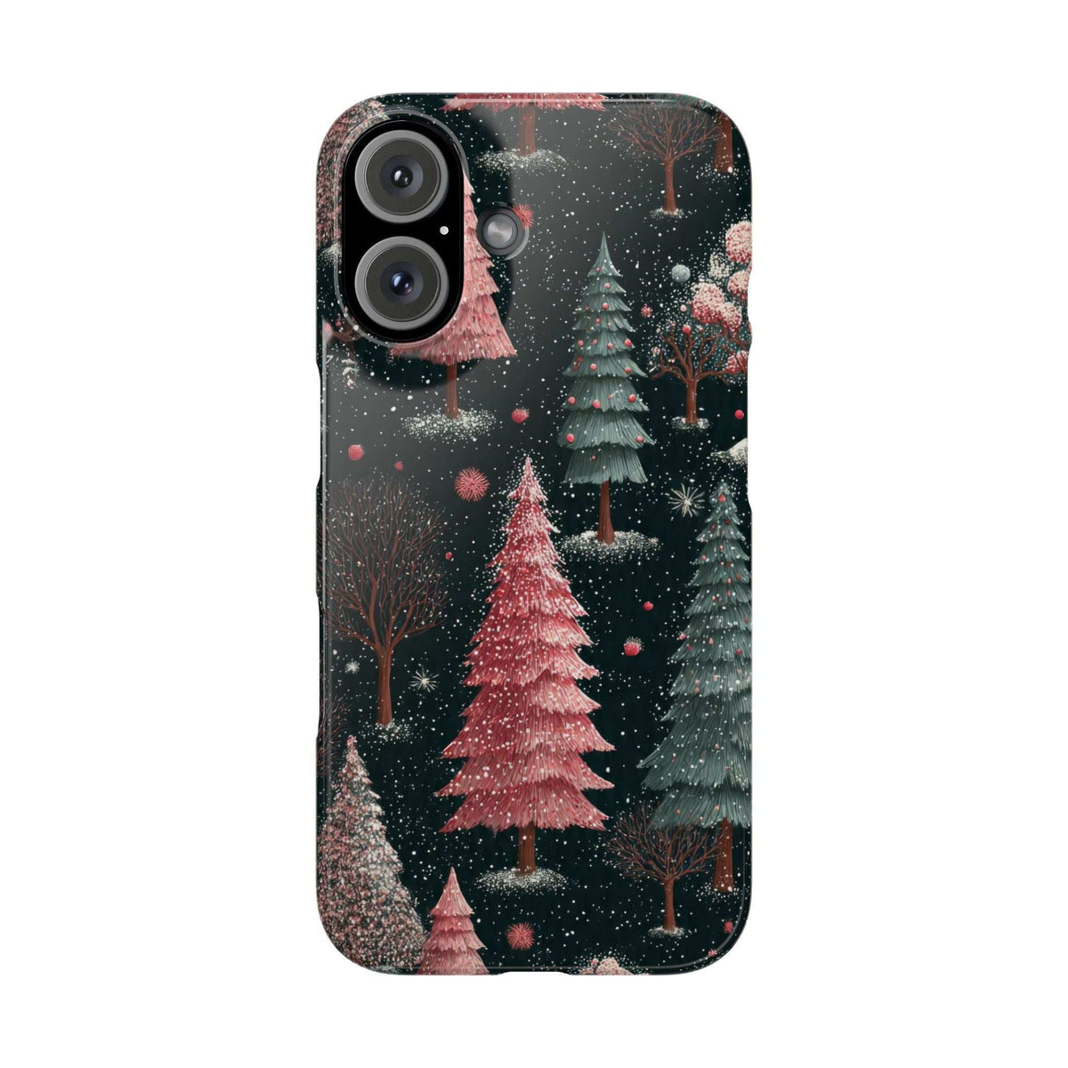 Glossy phone case with dark winter forest and pink Christmas tree pattern