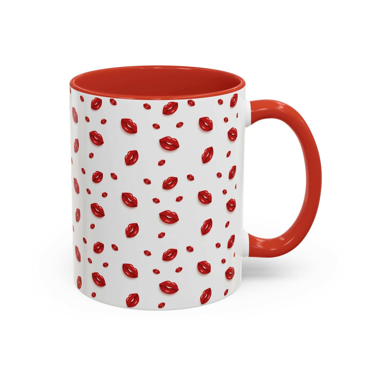 Accent coffee mug with hot lips pattern, orange rim and handle