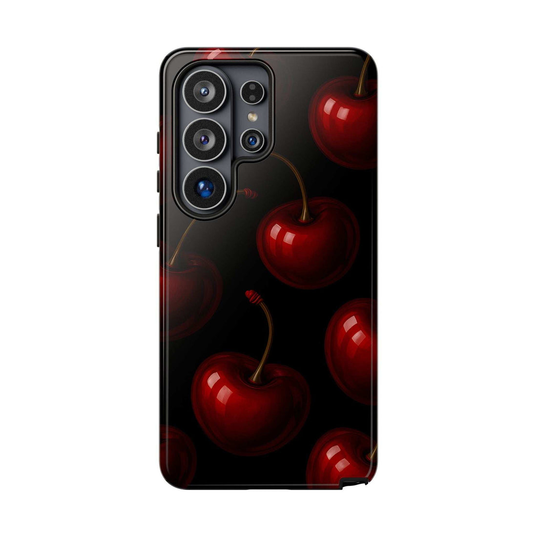Glossy cherry phone case with red cherries on dark background and raised camera protection