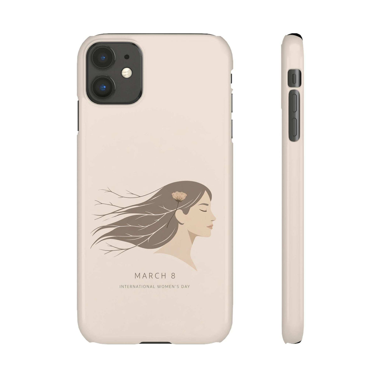 Light beige phone case with side camera cutouts and profile women’s day graphic
