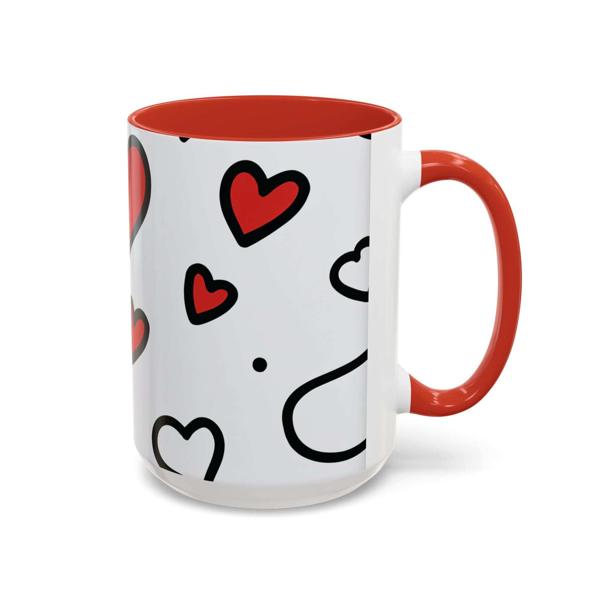 Accent coffee mug with orange interior and handle, white body, red and black heart pattern.