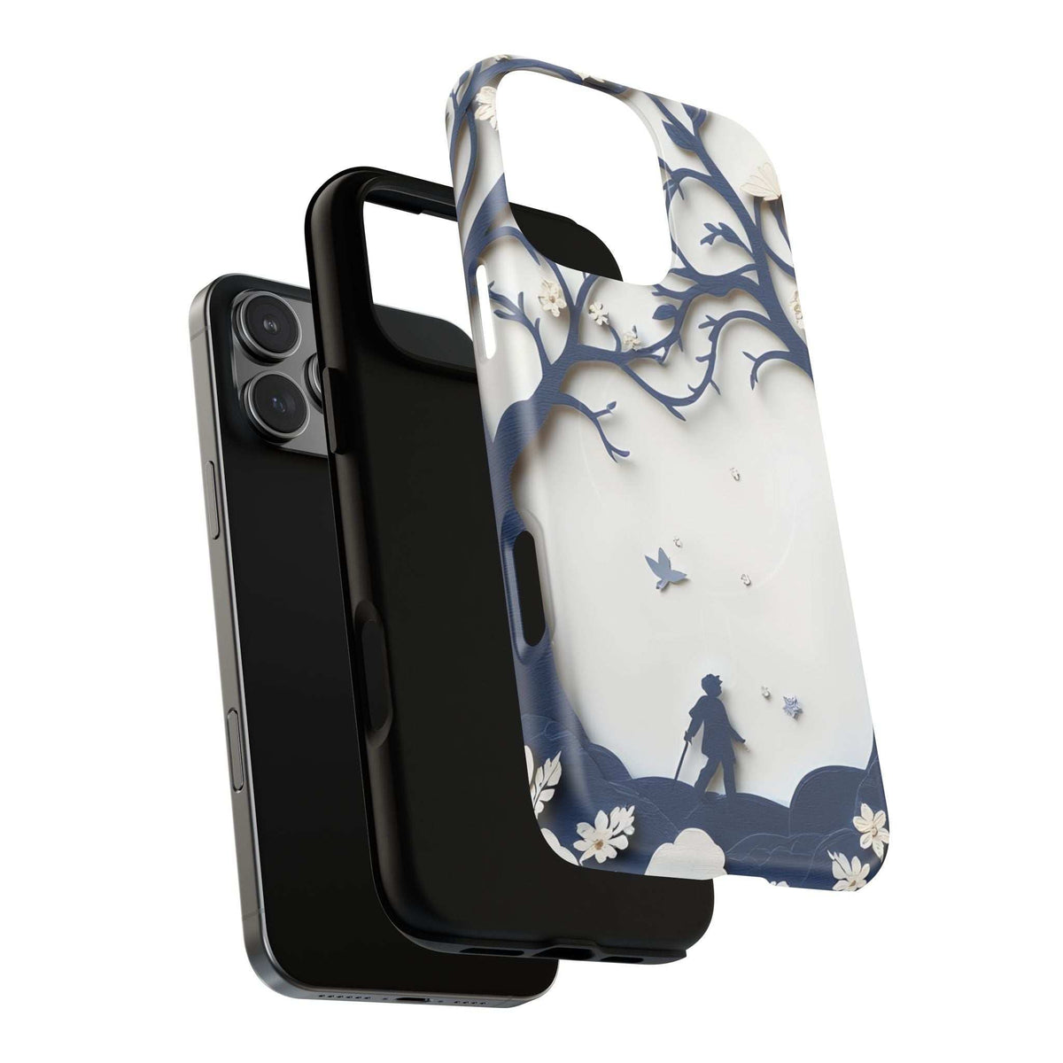 Phone case with blue-and-white forest silhouette design and flower details
