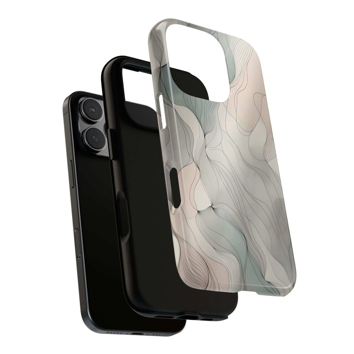 Pastel wave phone case with clear frame and wavy blue-beige pattern, camera area visible