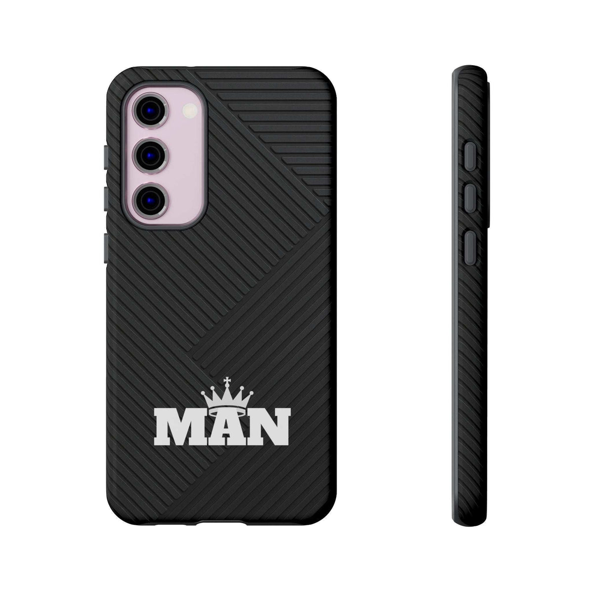 Black MAN logo phone case with textured diagonal lines; button openings and camera cutouts.