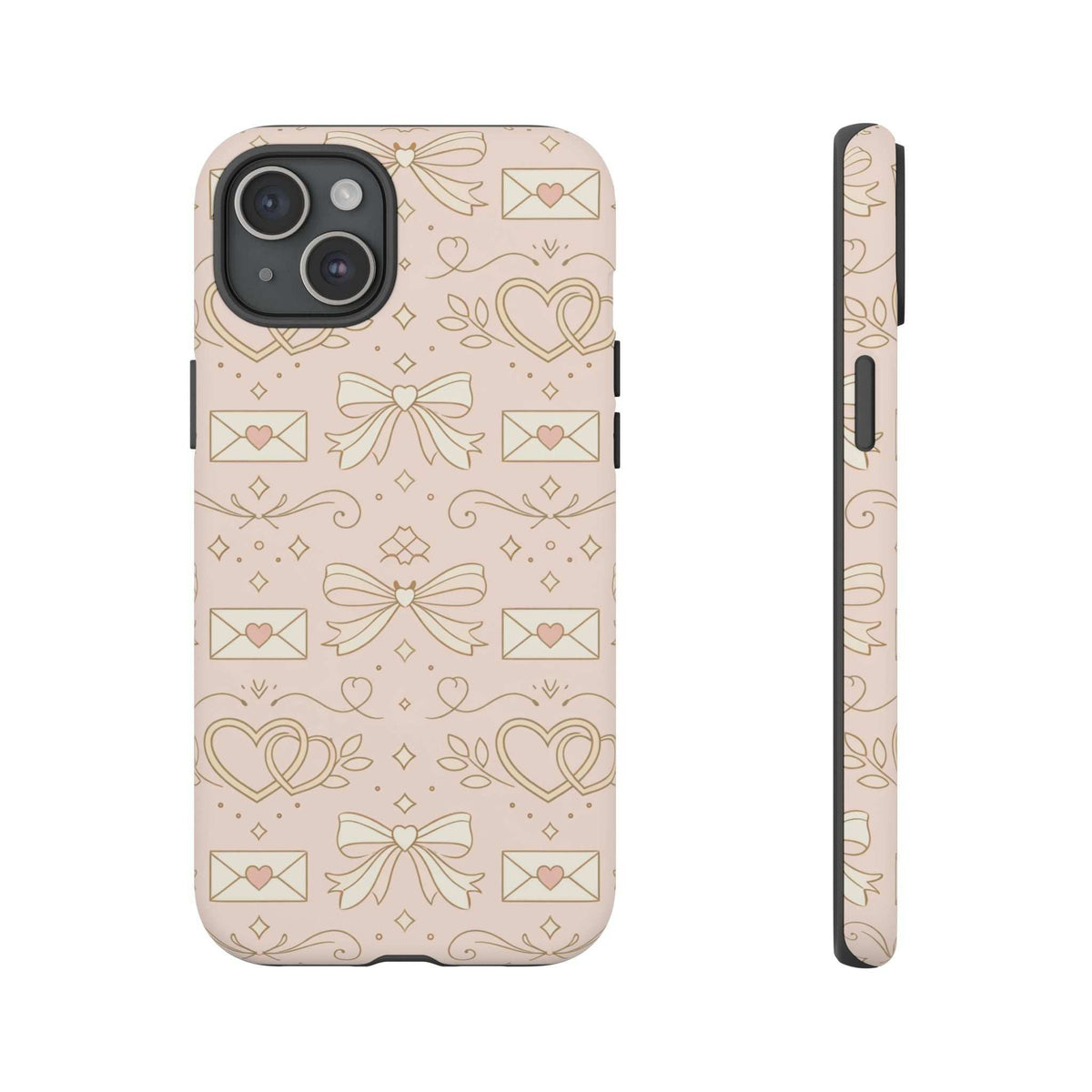 Tough phone case with pink heart and envelope doodle pattern; side view with cutouts