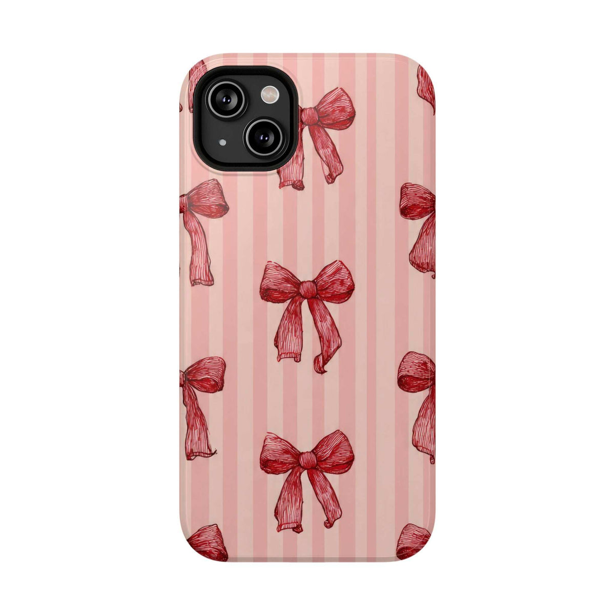 Pink striped phone case with red bow pattern; dual camera cutout in black