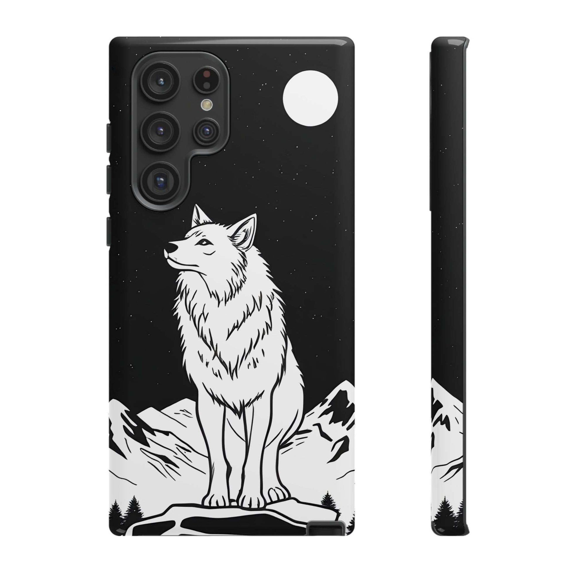 Black phone case with white wolf artwork, moon, and raised camera bump cutouts.