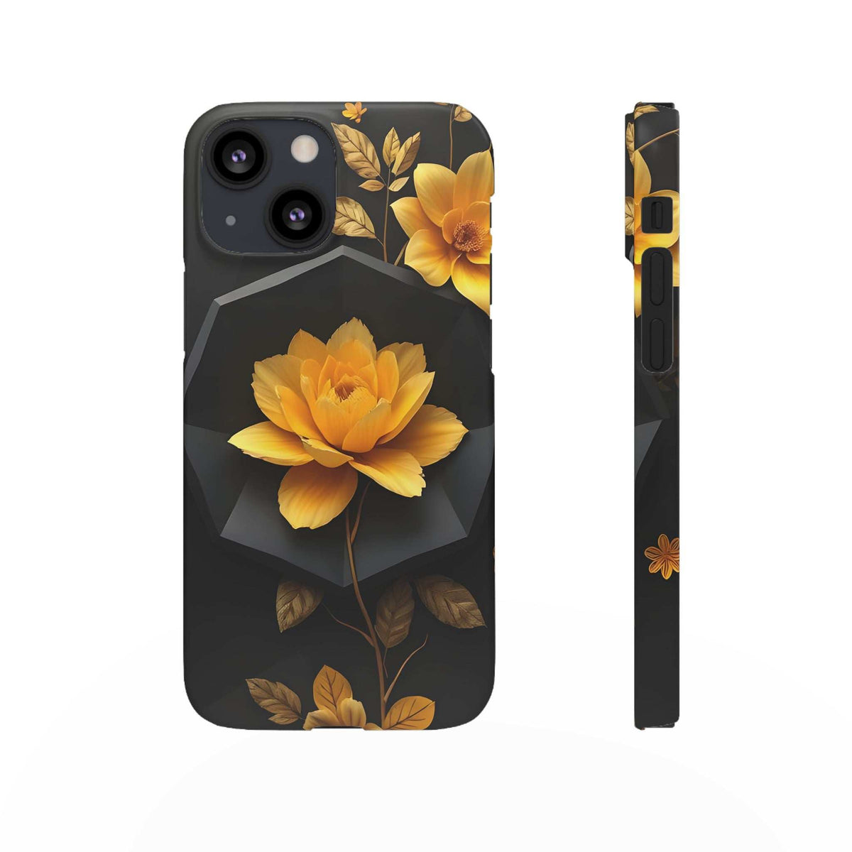 Black phone case featuring yellow blossoms and leaves, with camera and flash openings.