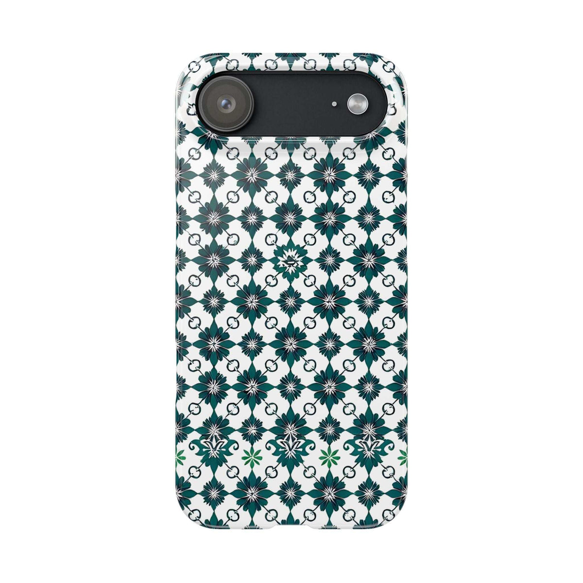 Teal and green floral geometric phone case with side button cutout and camera opening