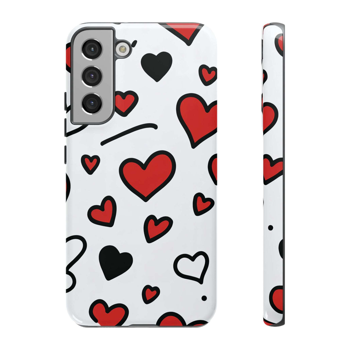 Scattered hearts phone case, white background with red and black heart icons and camera openings