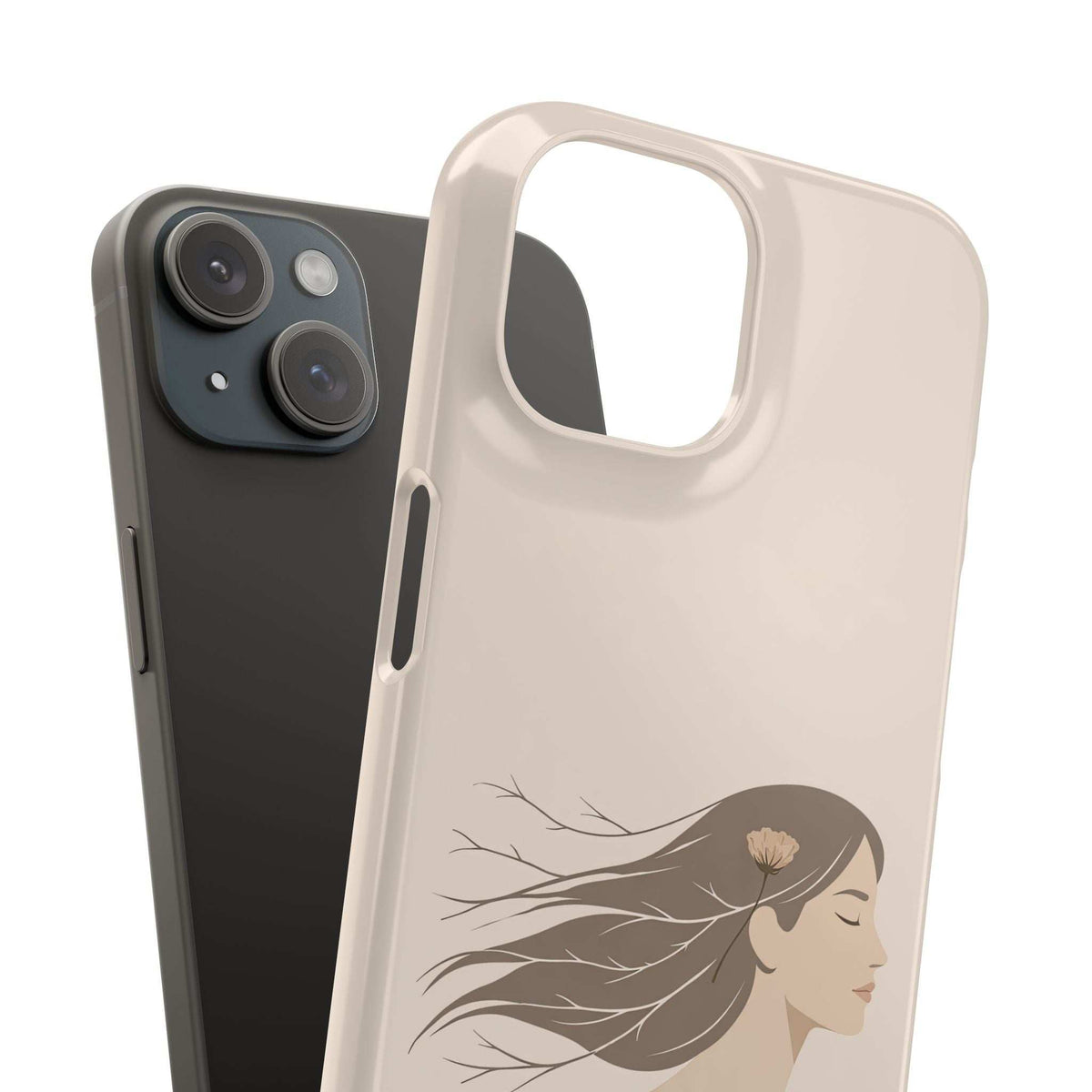 Beige phone case with large camera opening and line art woman design, protective corners