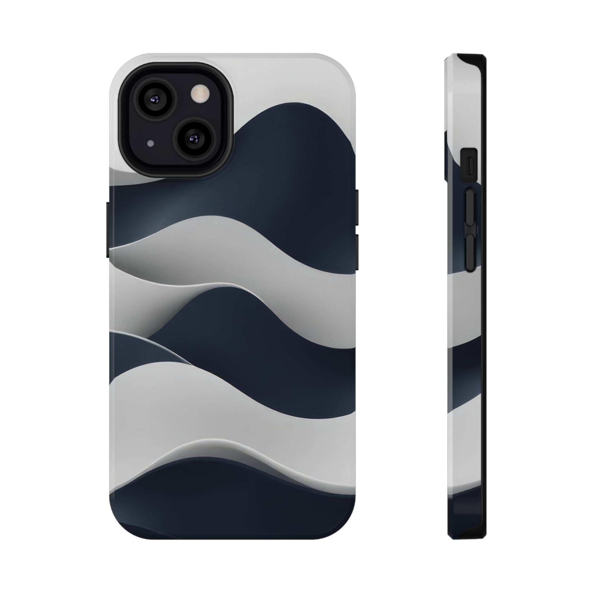 Phone case front and side view with dark-blue and gray waves on a light background.