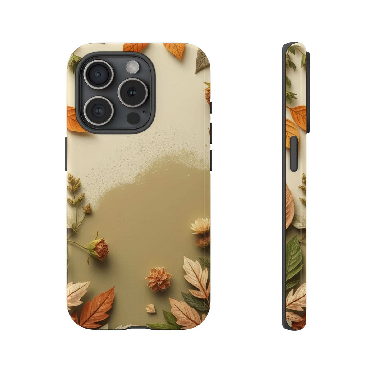 Phone case with beige autumn leaves and flowers, quad camera cutouts and raised edges
